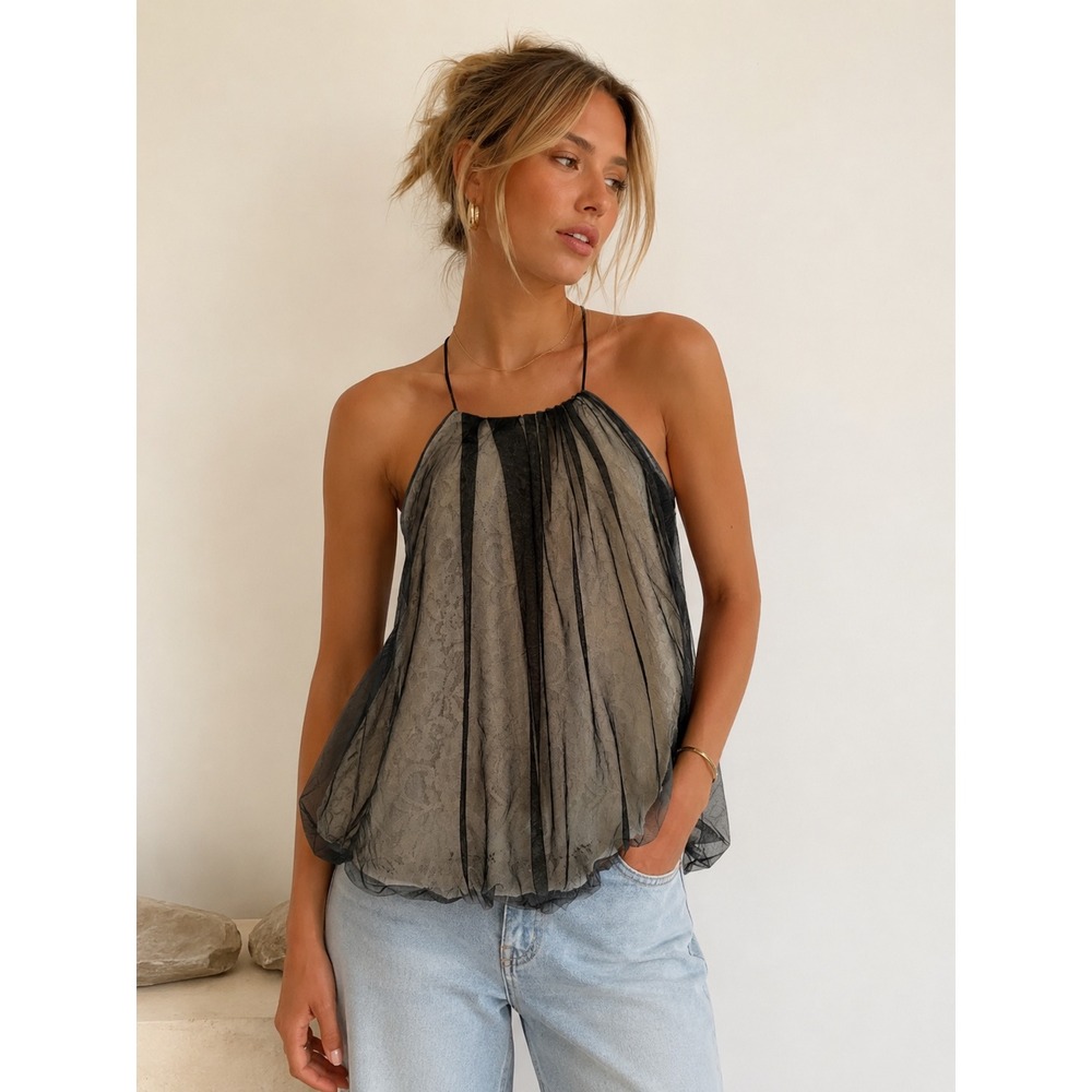 Womens Black Mesh Lace Halter Top Keyhole Tie Back Bubble Hem Medium